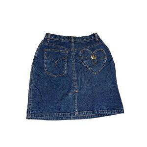 Vintage Moschino Jeans Denim Mini Skirt Heart Pocket Peace Button Italy 12" Wais